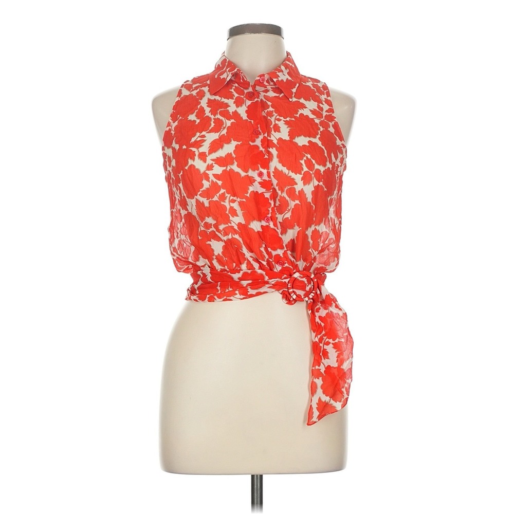 Moda International Red White Floral Silk Sleeveless Tie Waist Blouse M